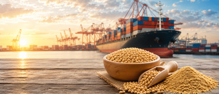Soybeans in a wooden bowl with a scoop and soy powder on a wooden dock against a cargo shipping port background - Aashirwad Corporation