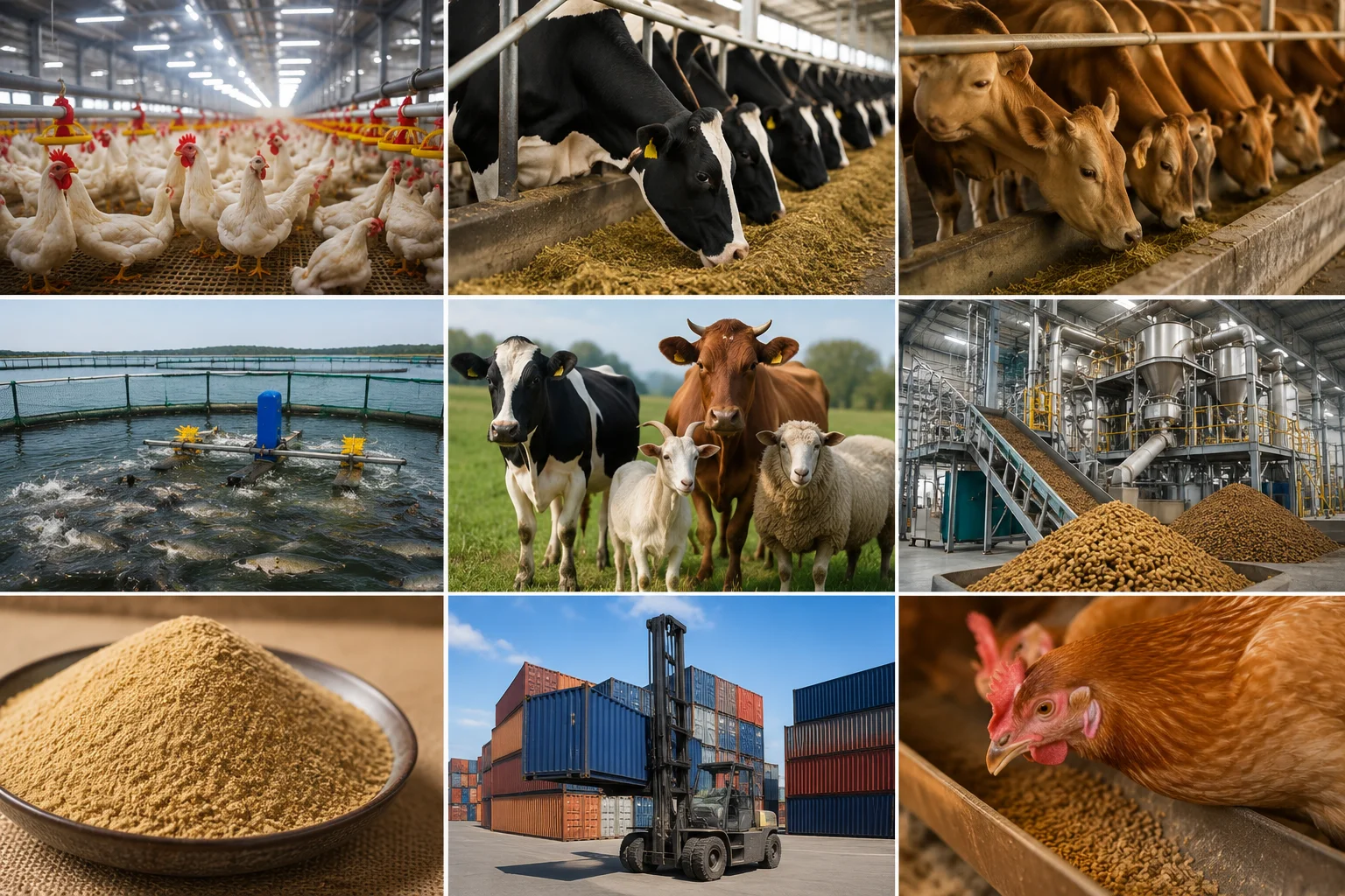 Poultry, dairy cattle, fish farm, livestock, feed mill and export containers: industries supplied with animal feed