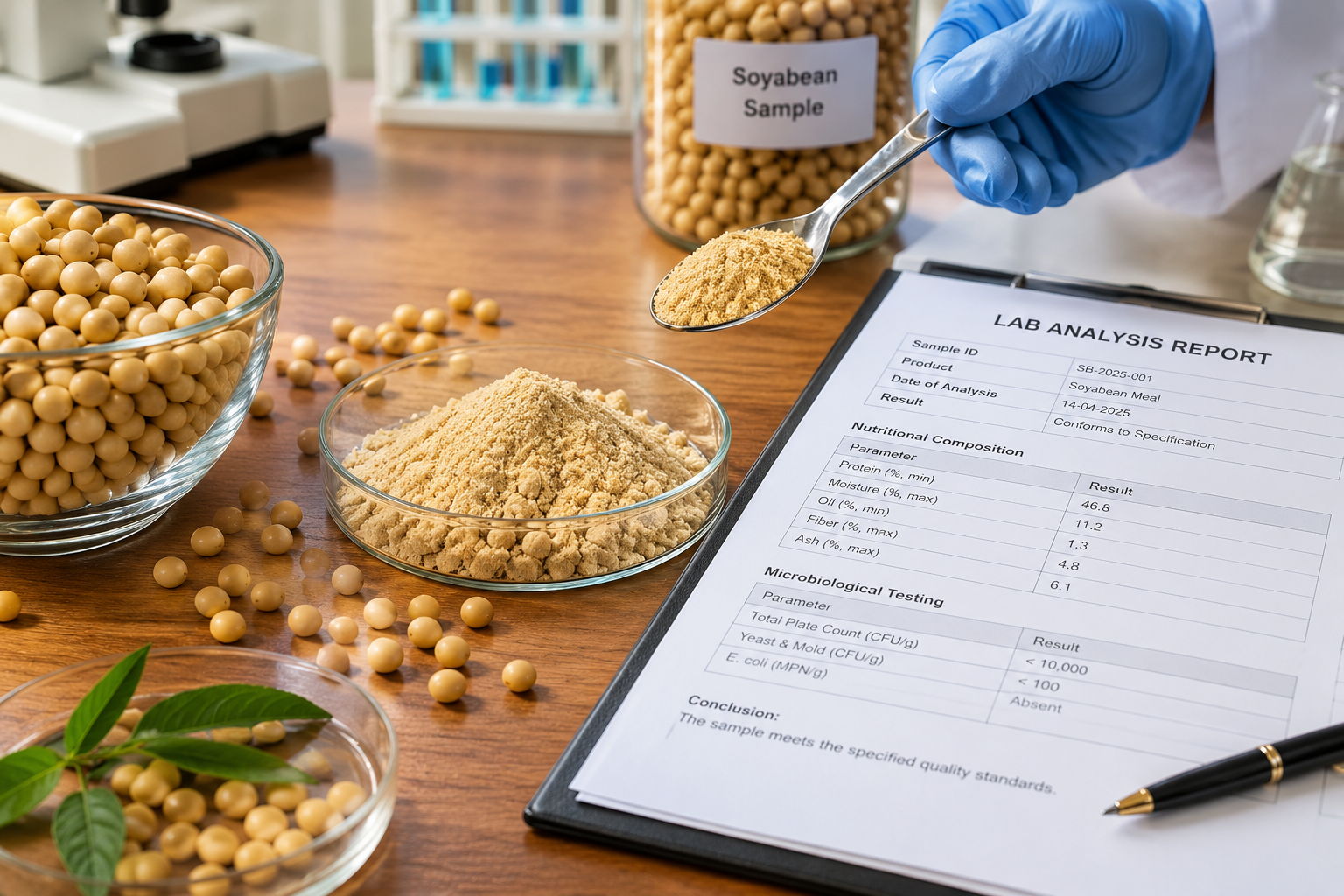 Close-up of soyabean DOC sample for poultry and cattle feed